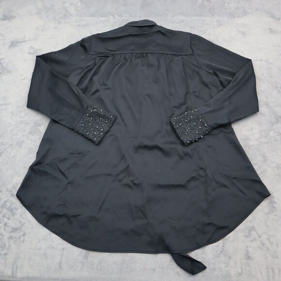 Pleated Shirt Womens Black Long Sleeve Rhinestone Beaded Button Tunic Blouse - Picture 14 of 16